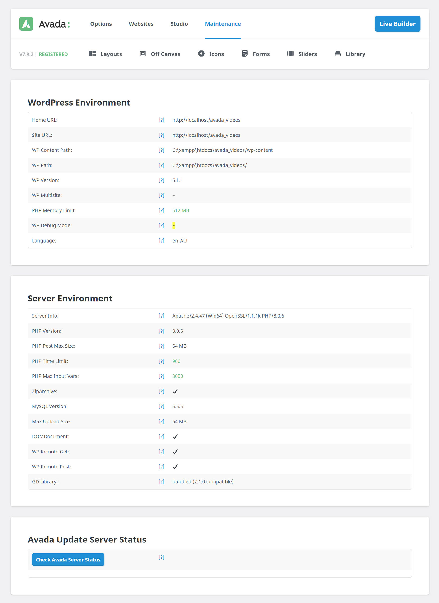 Avada Status > Server Environment