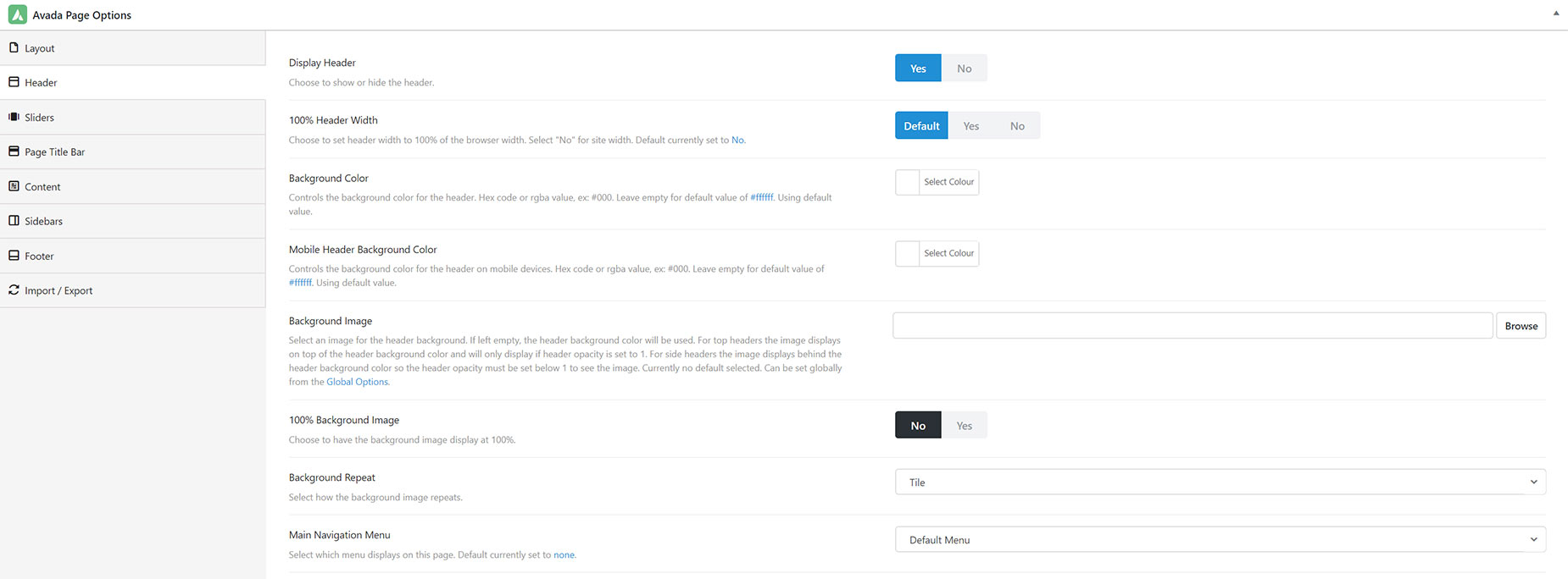 Avada Page Options > Header