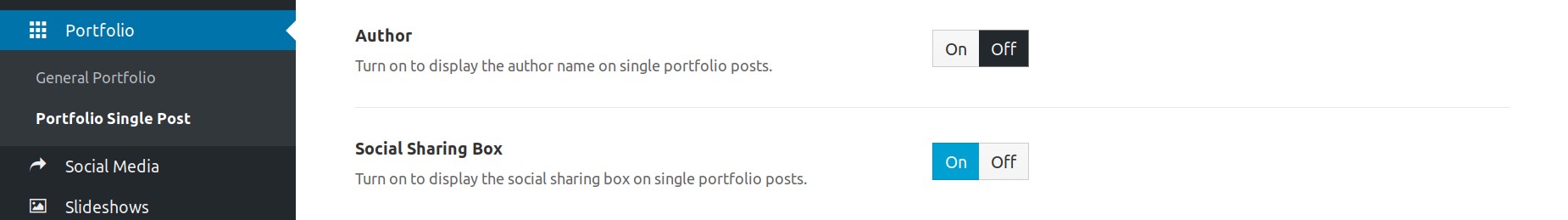 Theme Options - Portfolio - Single Post -Social Sharing Box Option