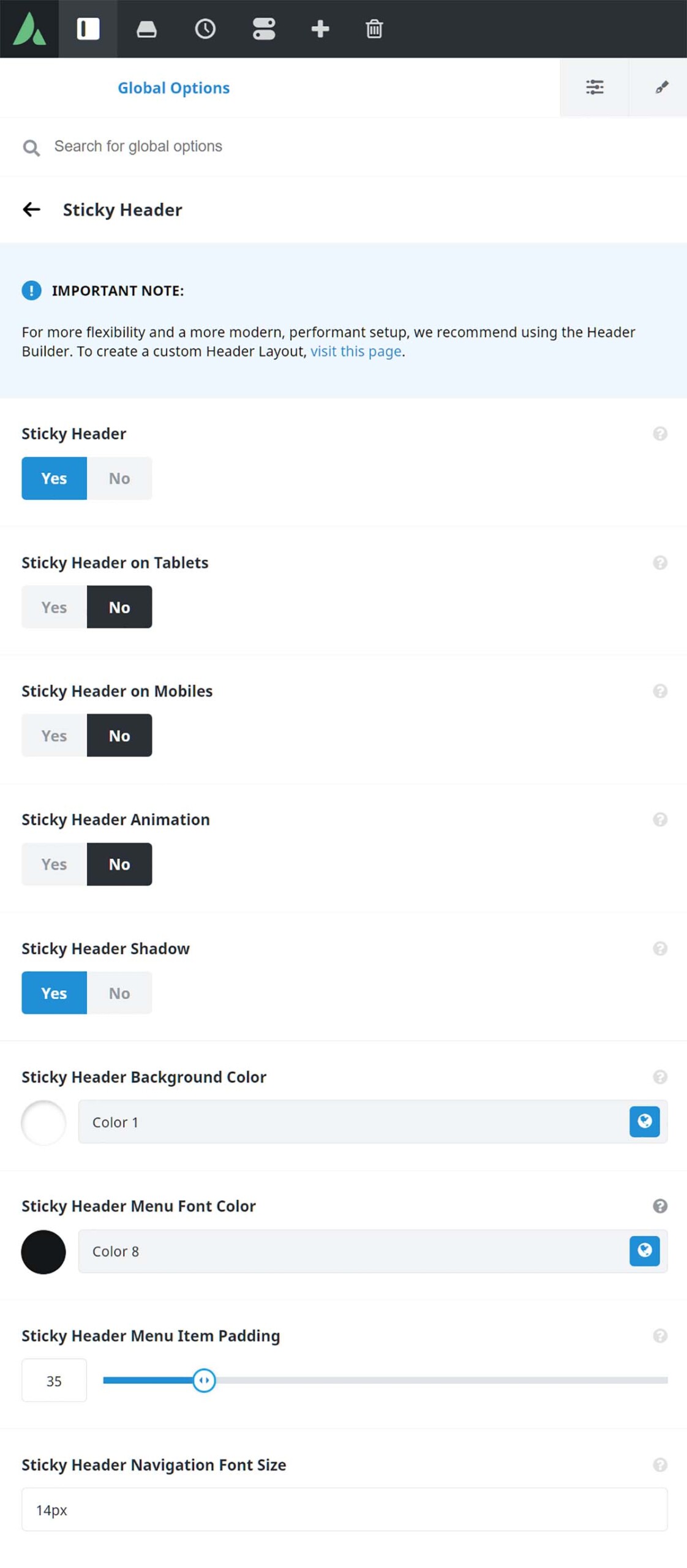 Avada Global Options - Header - Sticky Header