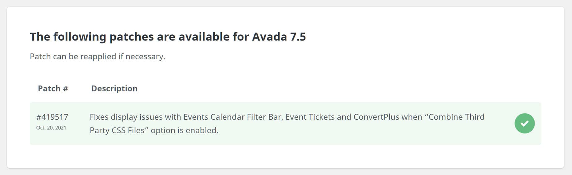 Avada Patcher > Patch Applied