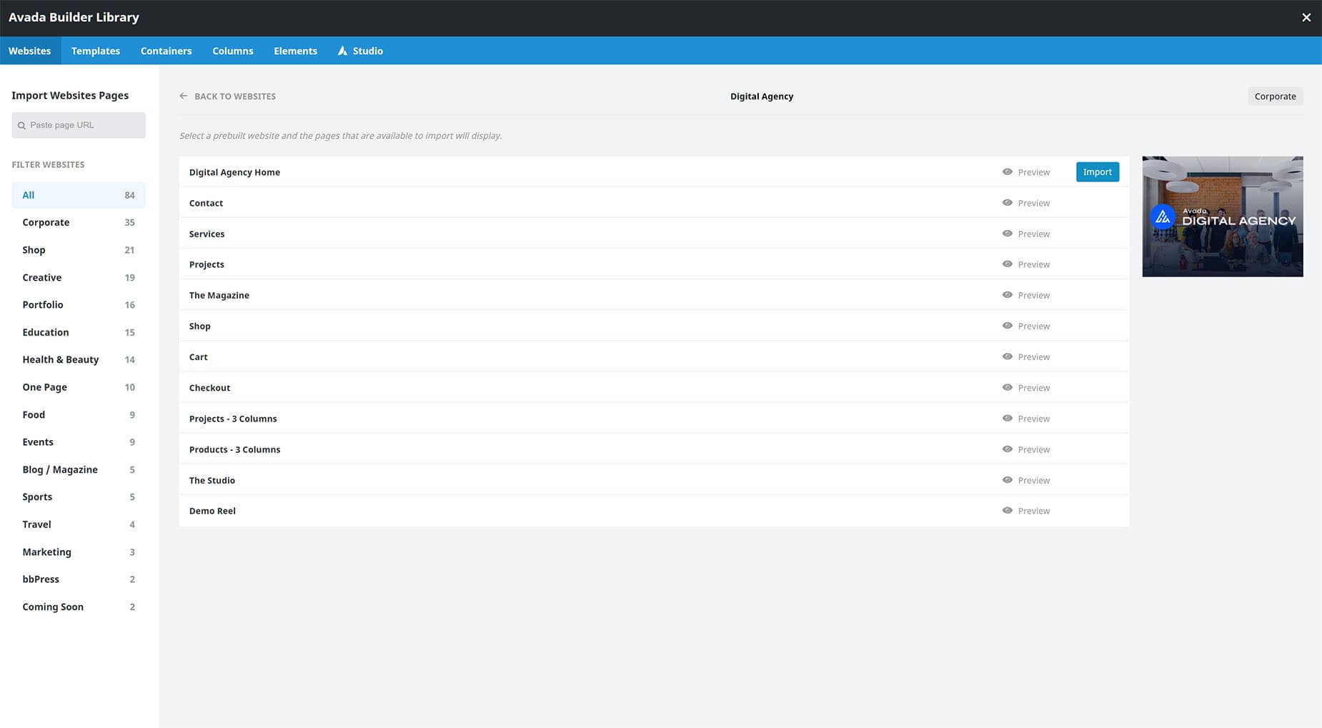 Avada Builder Library > Websites Import Page