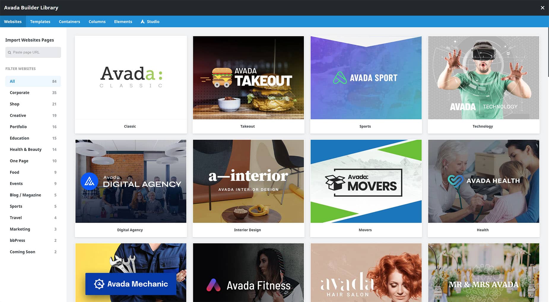 Avada Builder Library > Websites