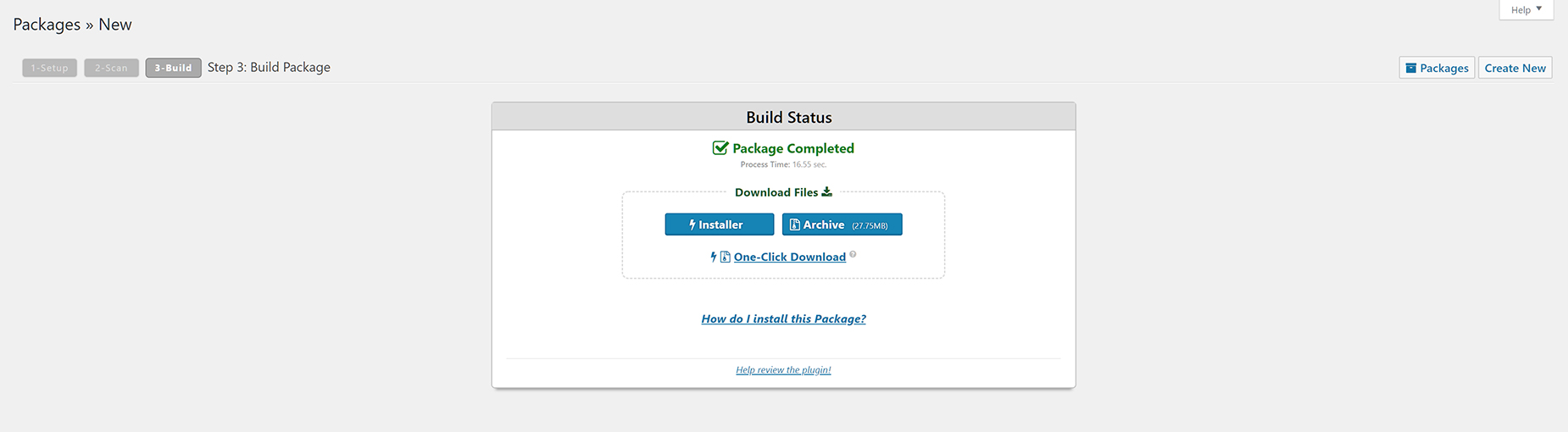 Duplicator - Building a Package - Success