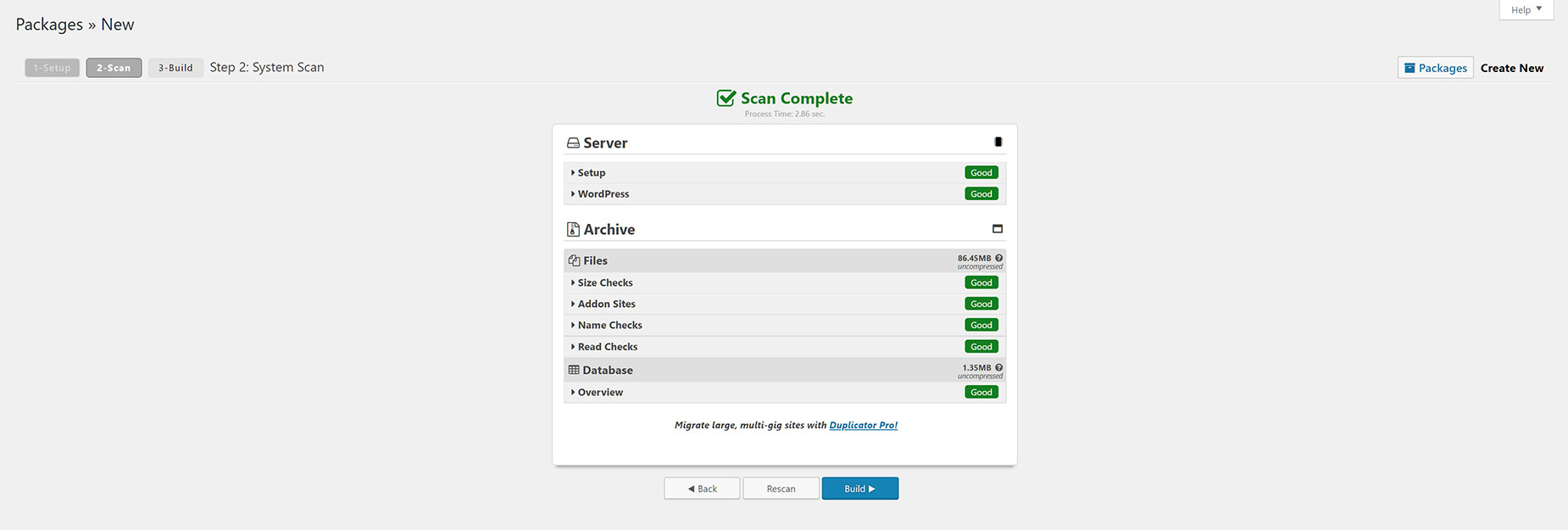 Duplicator - Create Package - Scan Success