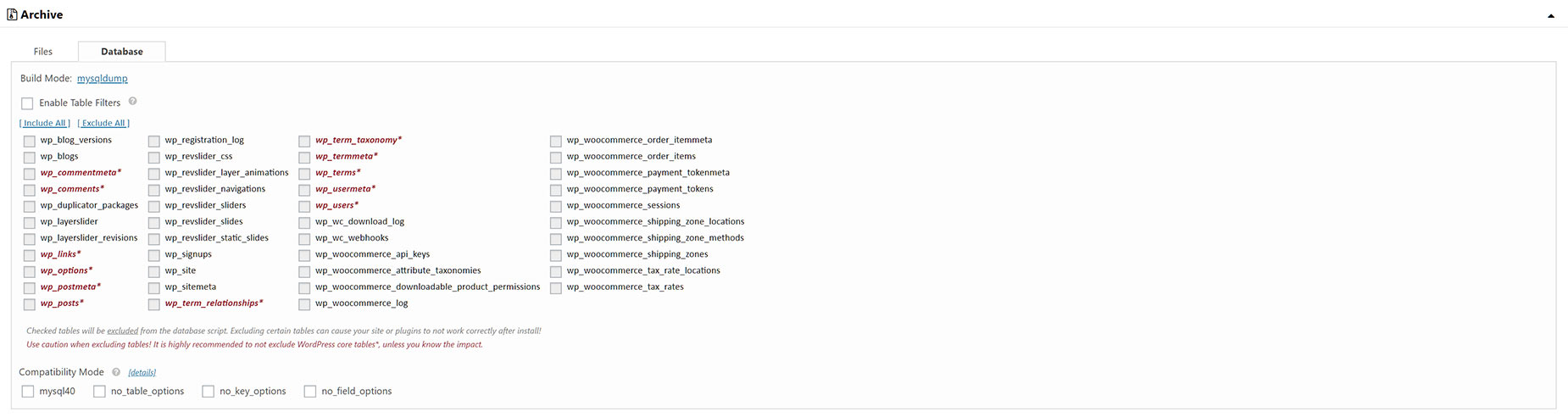 Duplicator - Settings > Archive > Database