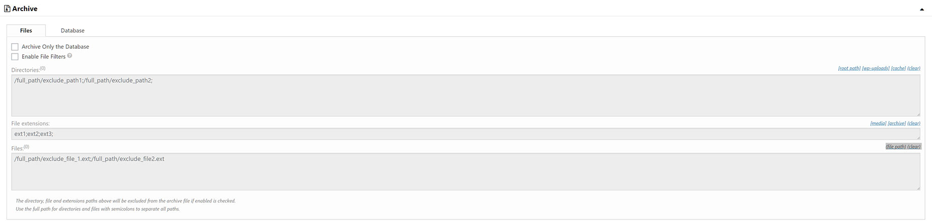Duplicator - Settings > Archive > Files
