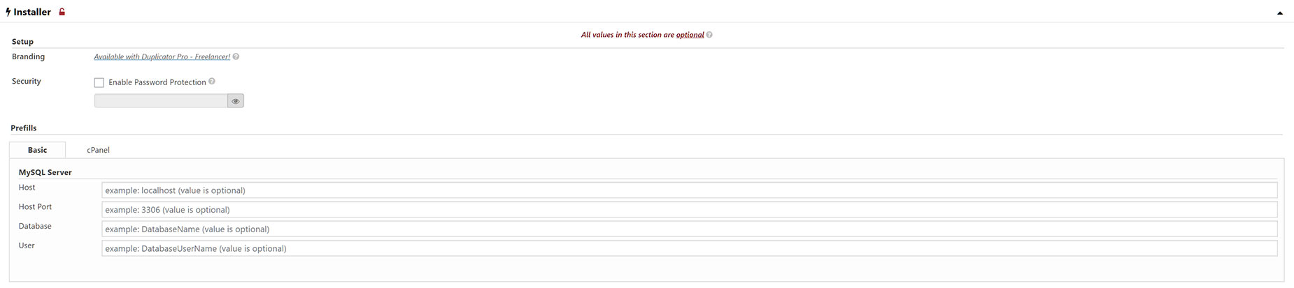 Duplicator - Setup > Installer Options