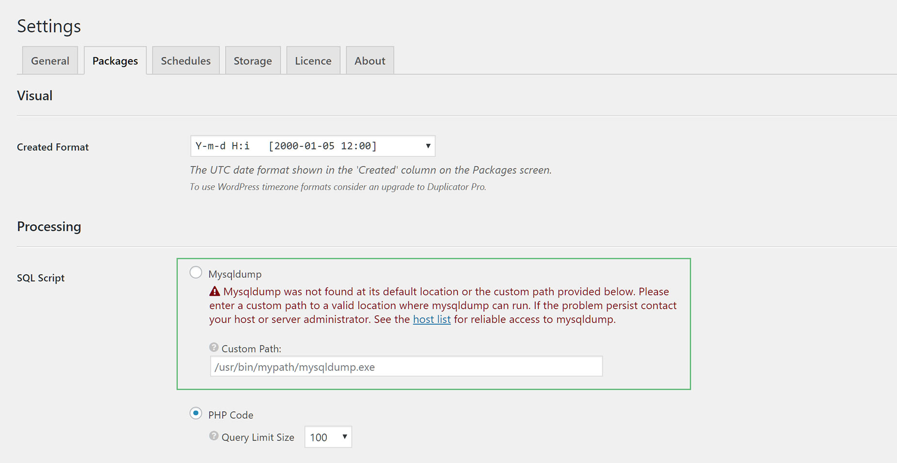 Duplicator - Settings - MySQL Dump Error