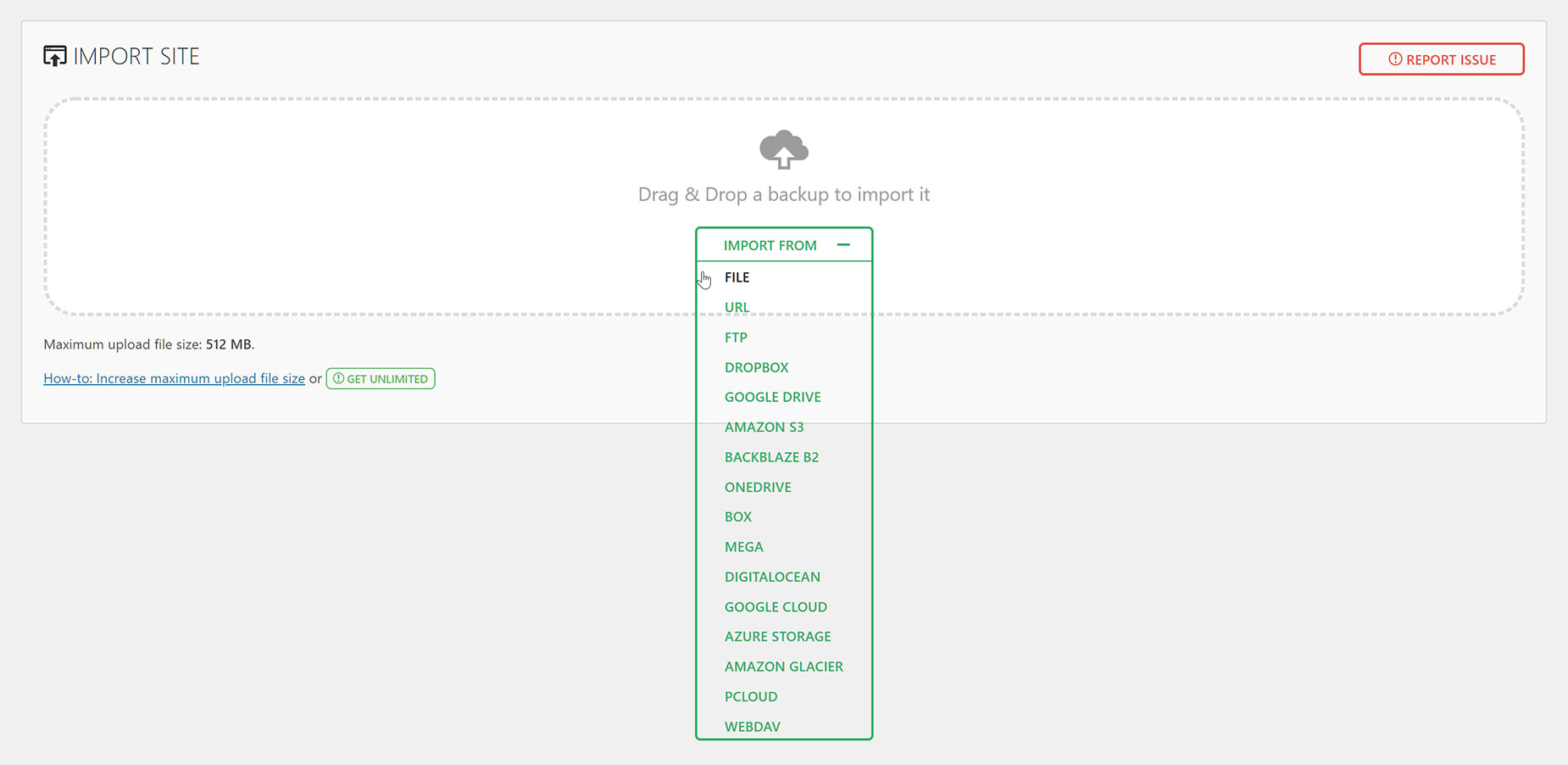 All-In-One WP Migration Import > Choose File