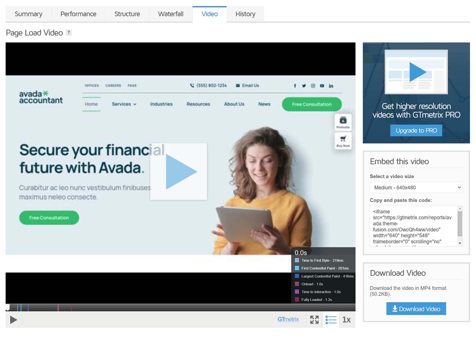 GTmetrix > Video Tab