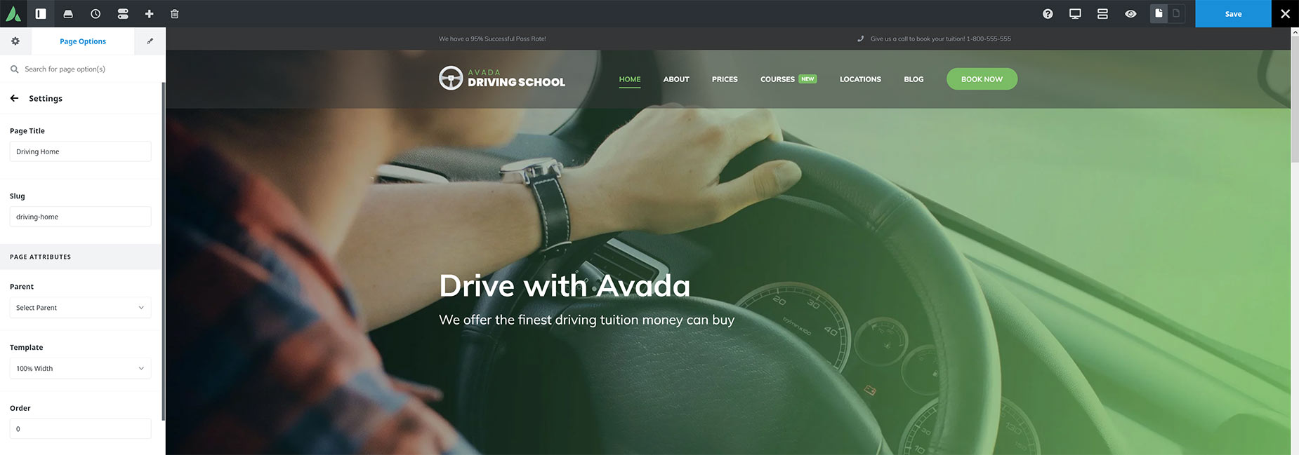 Avada Live > Page Options Panel > Save Changes
