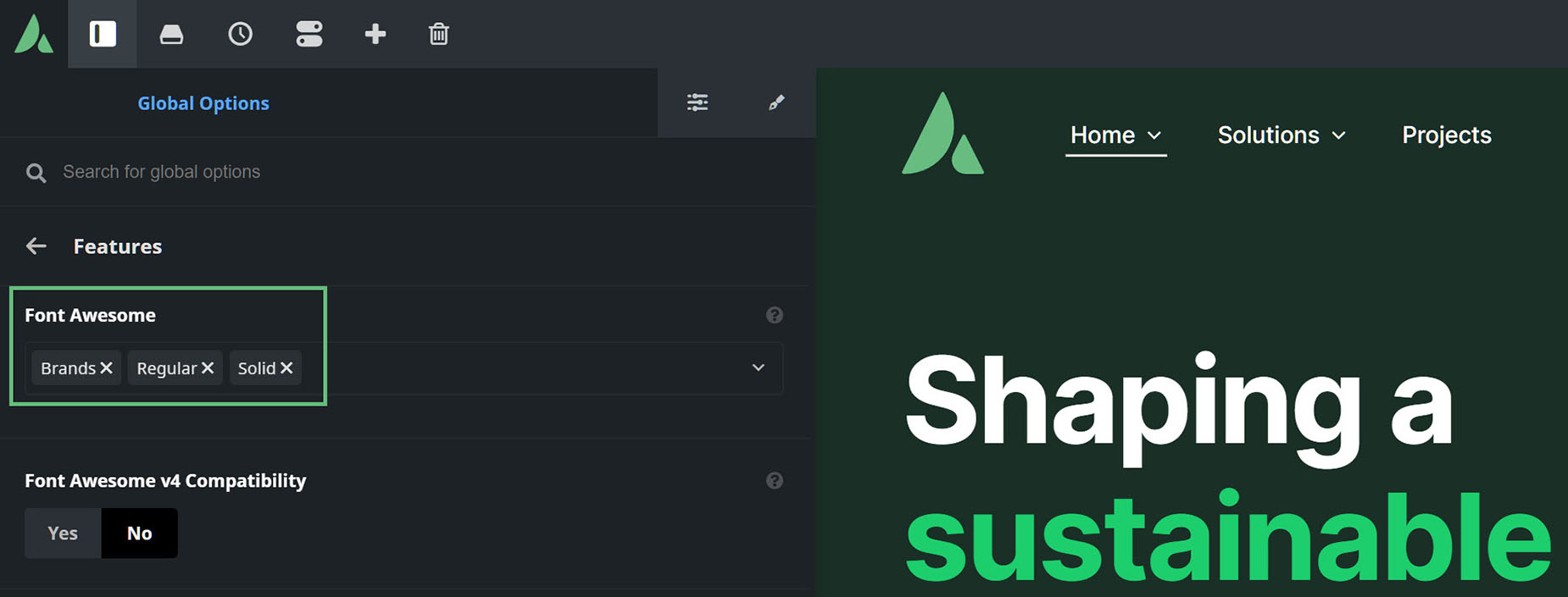 Options > Features > Font Awesome > Set Selection