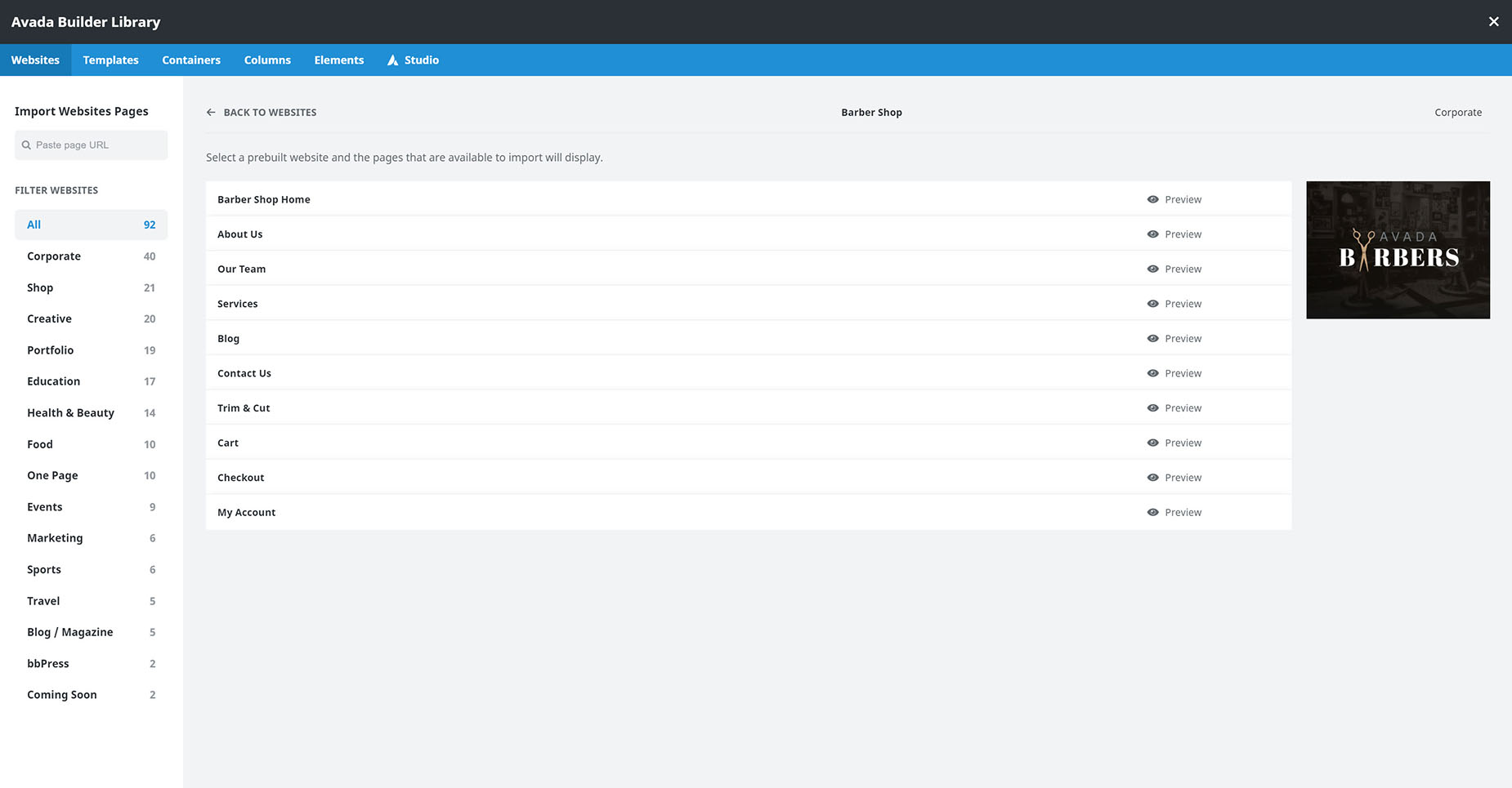 Library > Websites > Add Prebuilt Page