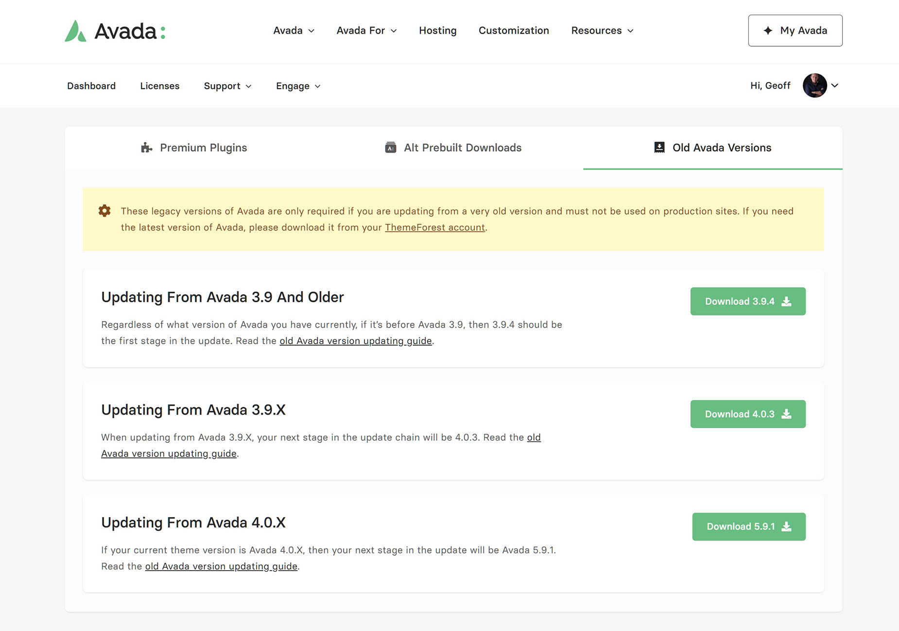 My Avada > Support > Downloads > Old Avada Versions
