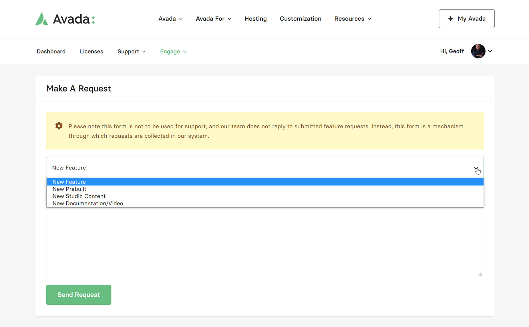 My Avada > Engage > Make A Request