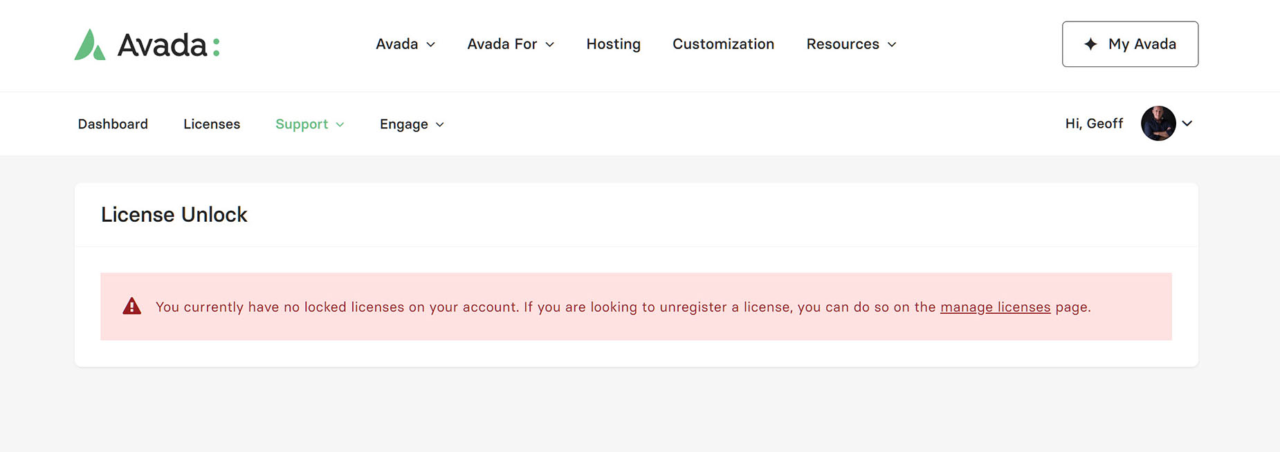 My Avada > Support > License Unlock