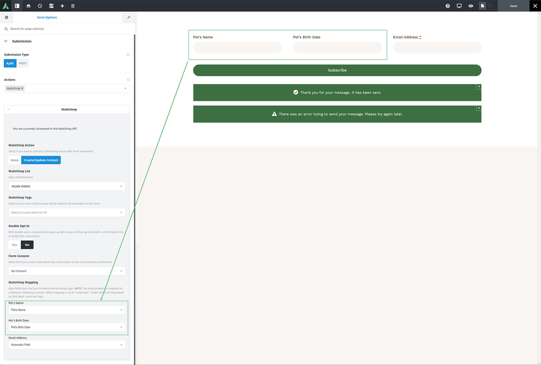 Avada Forms > Form Options > Submission > Mapping Custom Fields