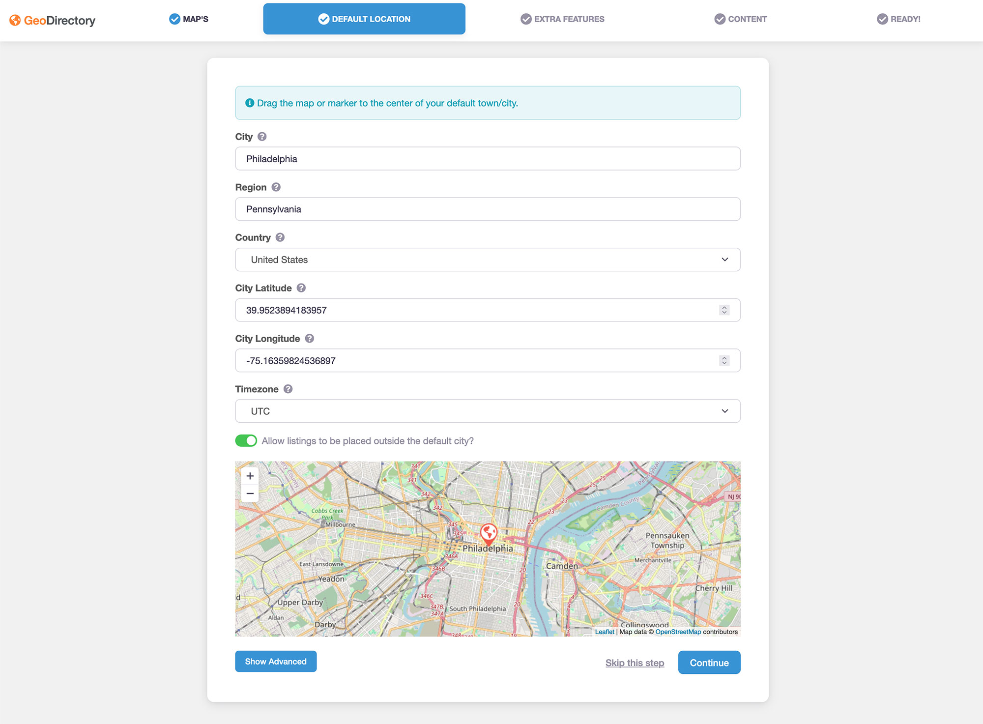 GeoDirectory Default Location