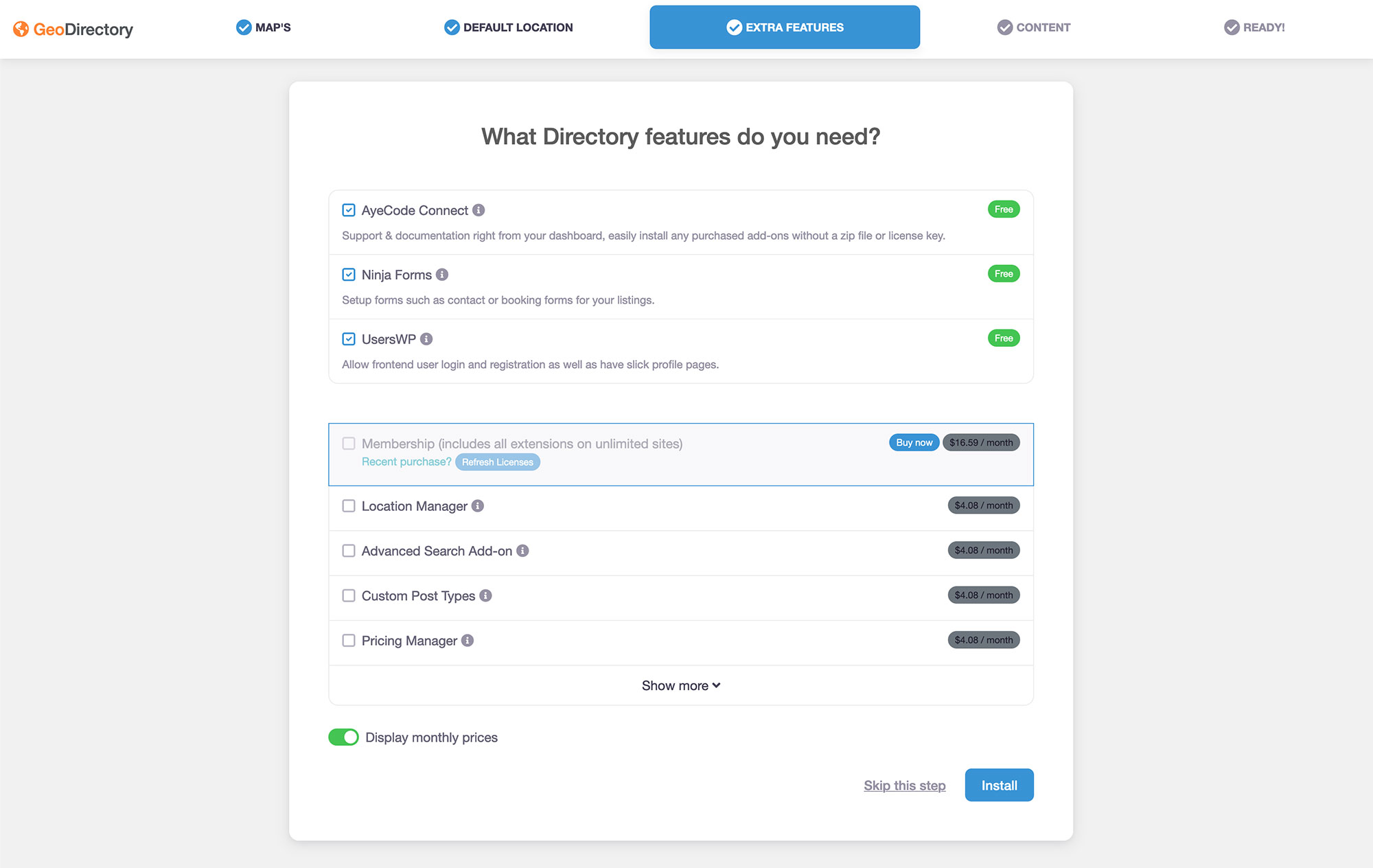 GeoDirectory Setup Wizard Extras