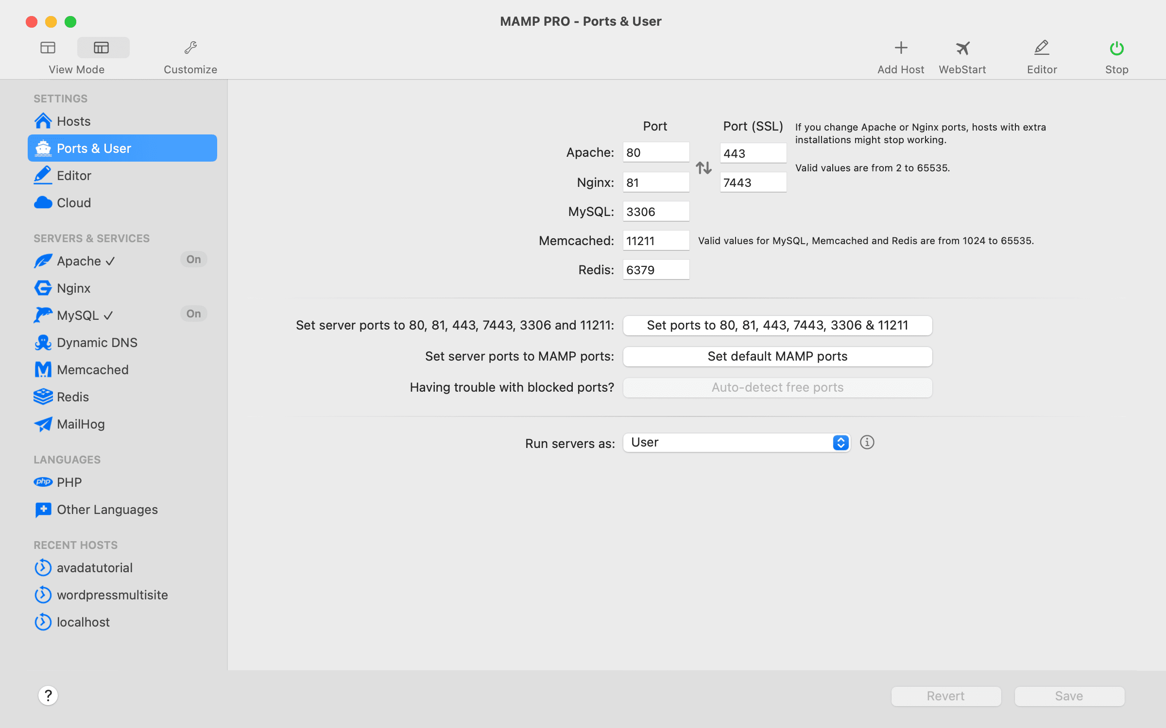 MAMP Port Settings