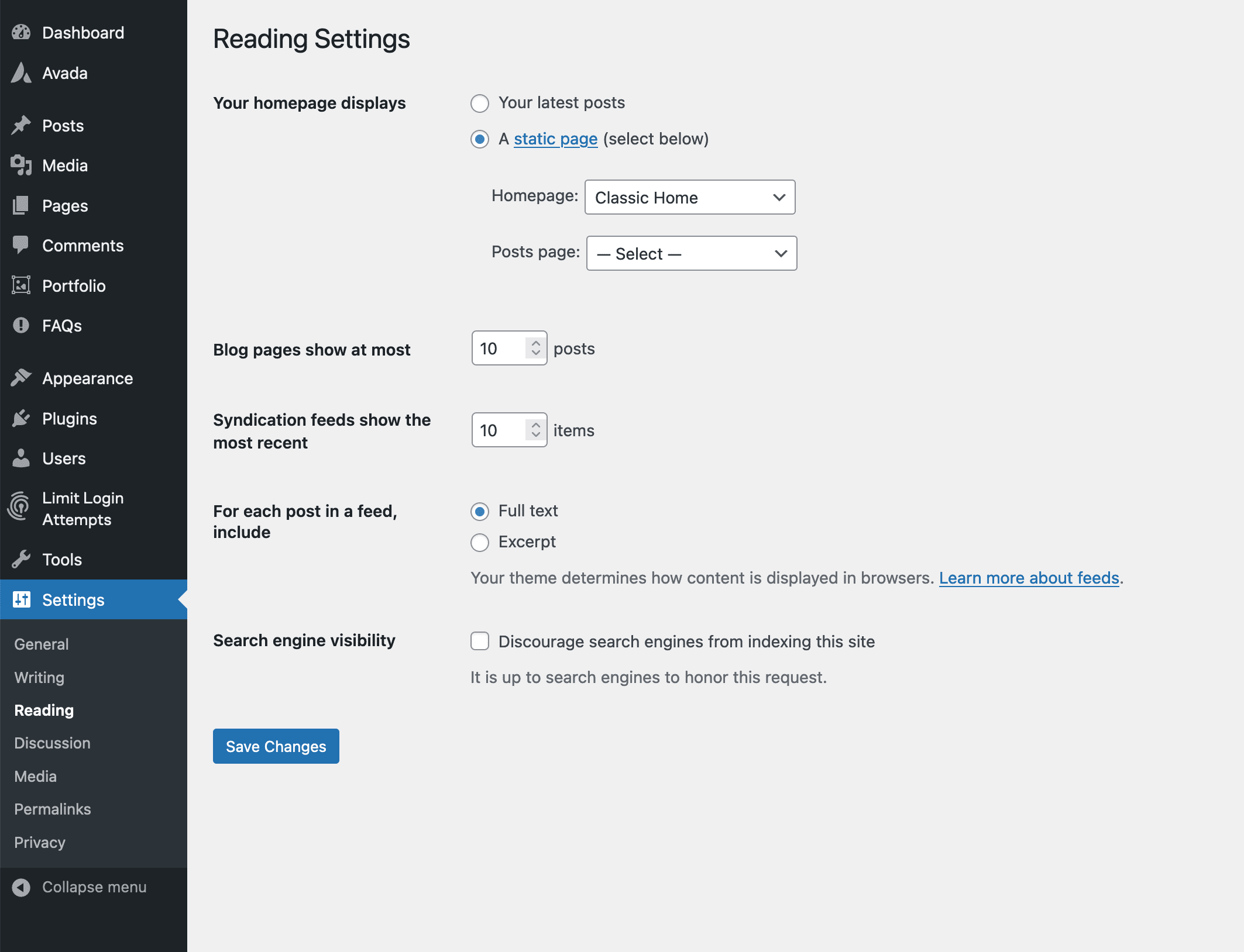 WordPress Reading Settings