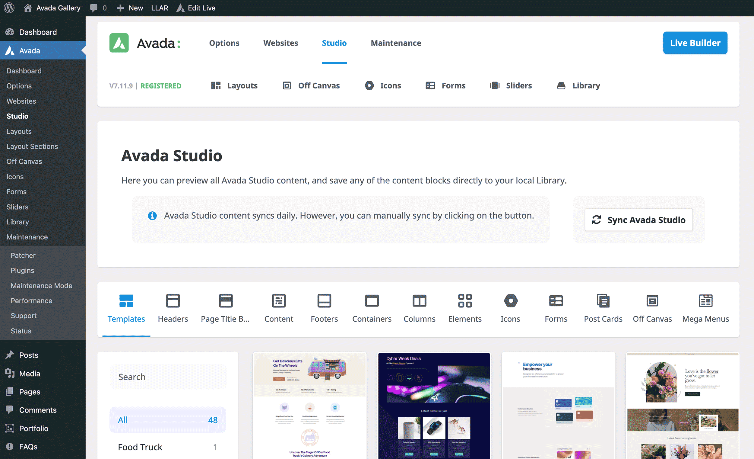 Avada Dashboard Studio Content