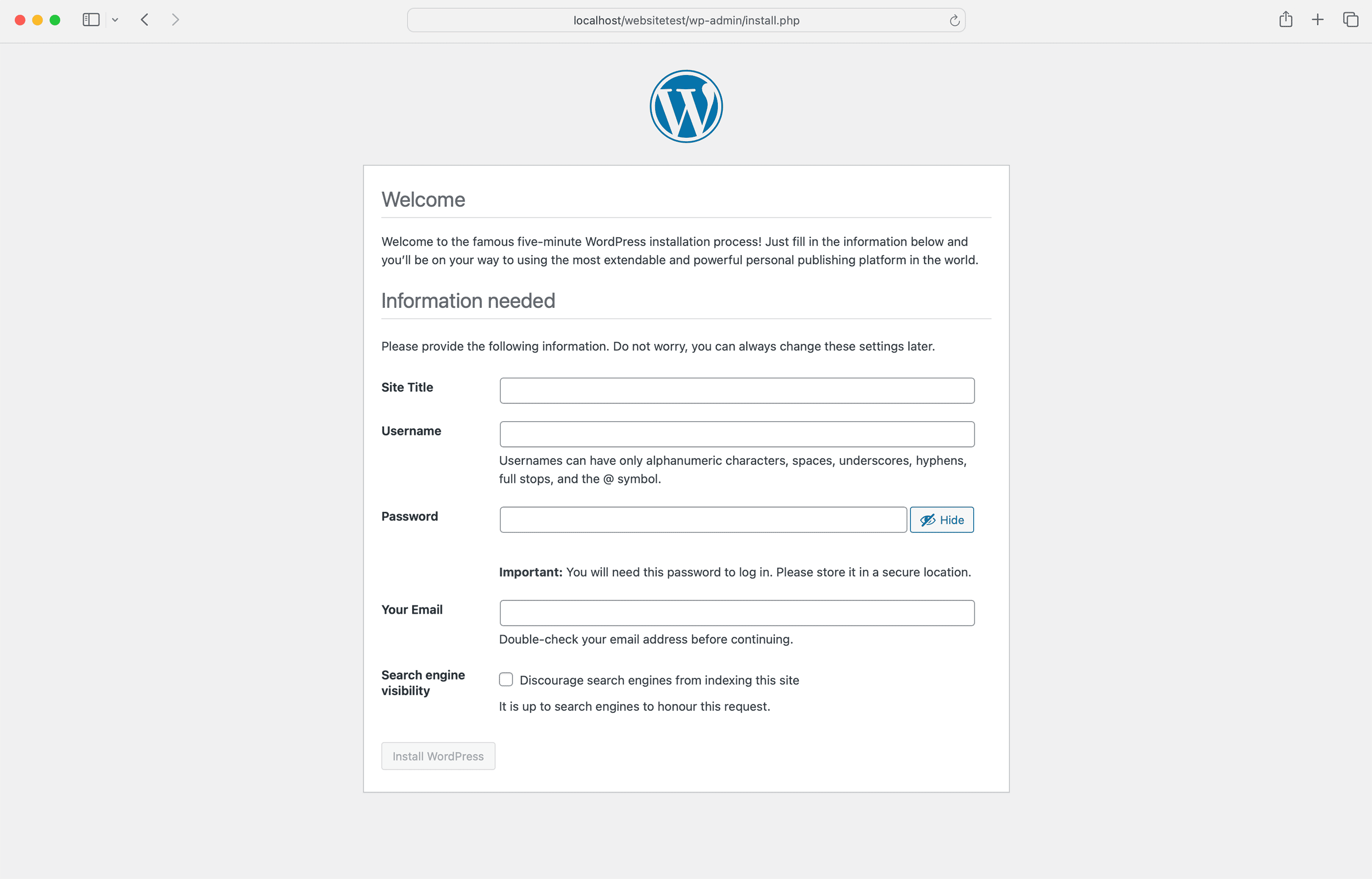 XAMPP WordPress Site Info