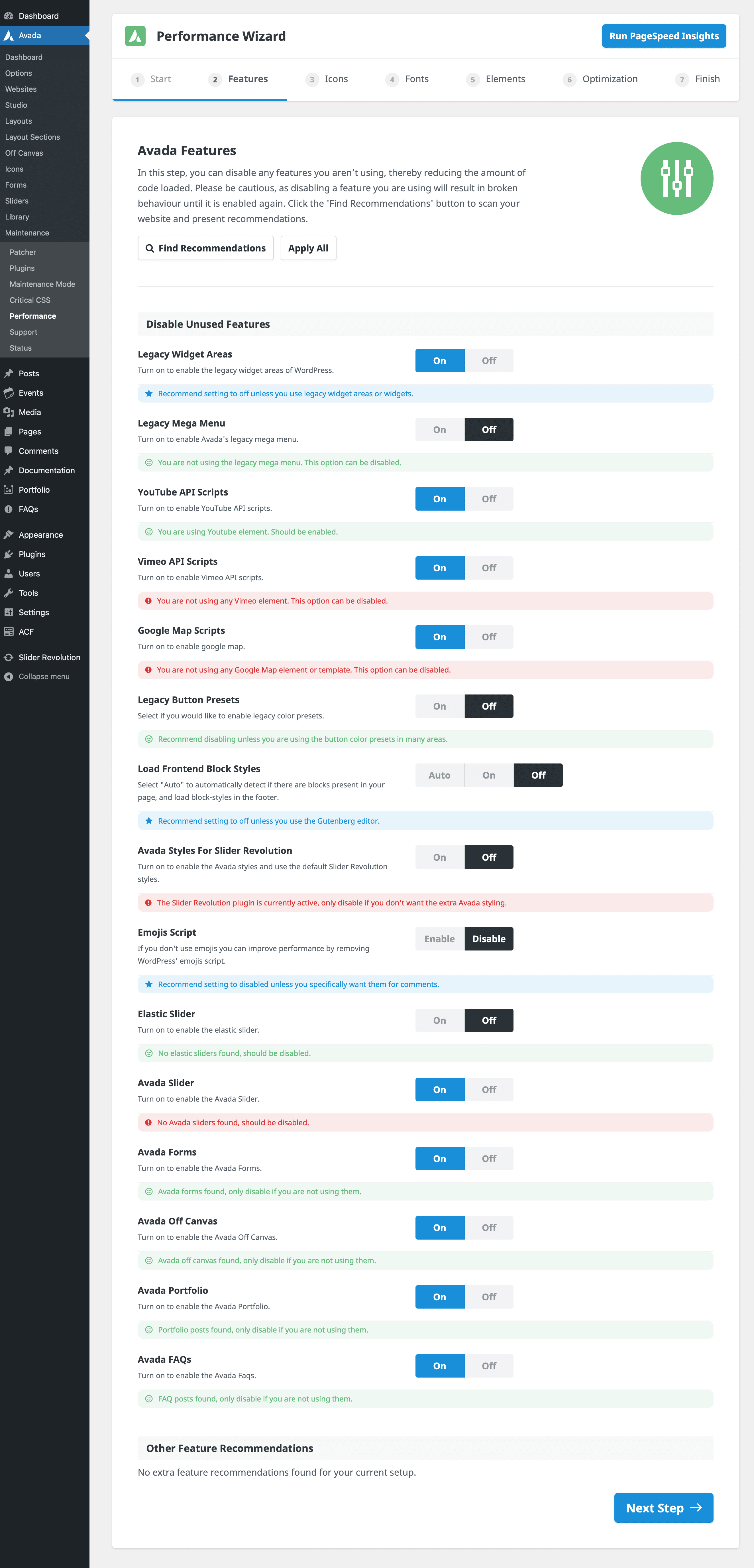 Avada Performance Wizard Step 2